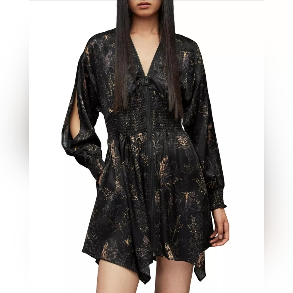 All Saints Niyah Yorick Dress Skeleton Tree Branch Design Silk Blend Halloween